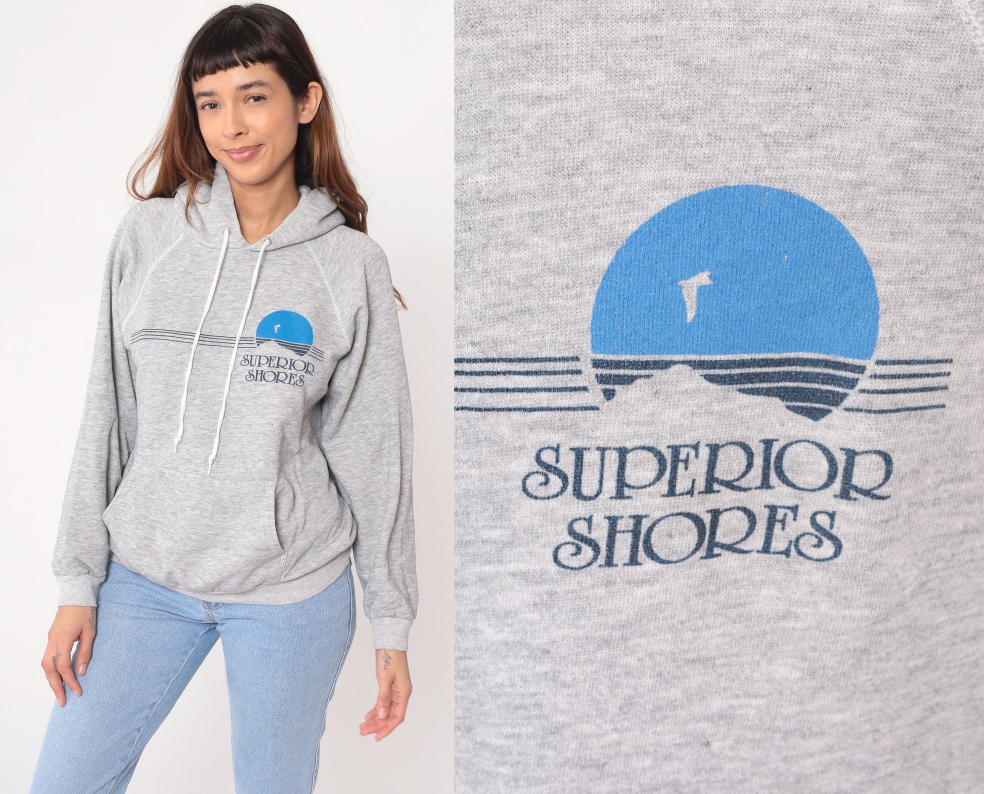 90s Superior Shores Hoodie Grey Cotton Graphic Pullover Kangaroo Pocket Large L