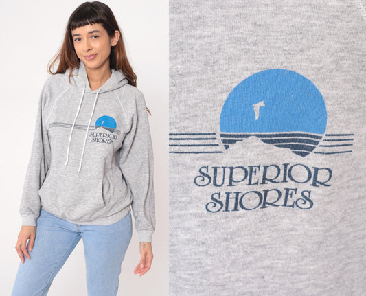 90s Superior Shores Hoodie Grey Cotton Graphic Pullover Kangaroo Pocket Large L