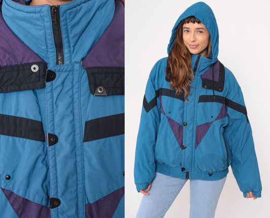 90s Skitique Colorblock Ski Jacket Light Blue Black Purple Hooded Puffer Medium