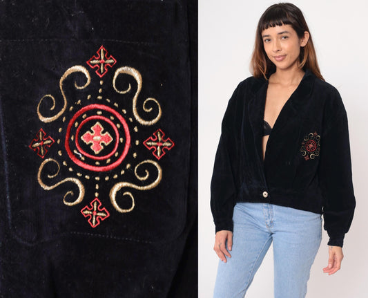 90s Evan Picone Black Velvet Cardigan Embroidered Gold Red Pink Medium M