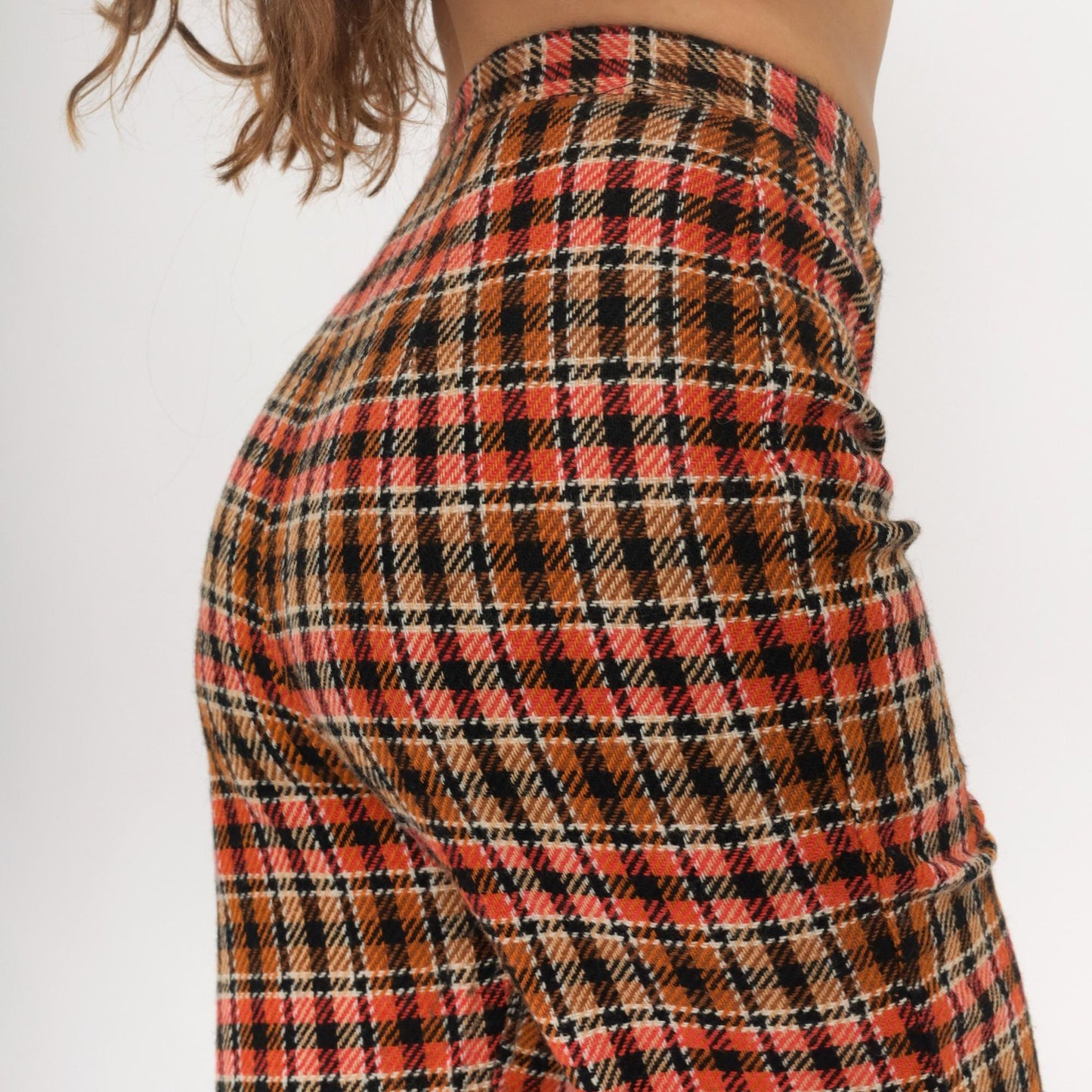 70s Plaid Wide Leg Trousers High Waisted Orange Brown Black Houndstooth Small