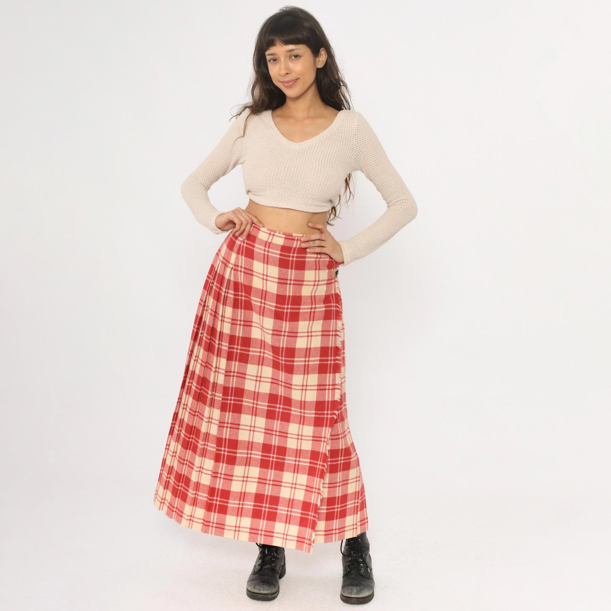 70s Laird Portch Tartan Wool Kilt Skirt Red Cream Pleated Wrap Small Medium