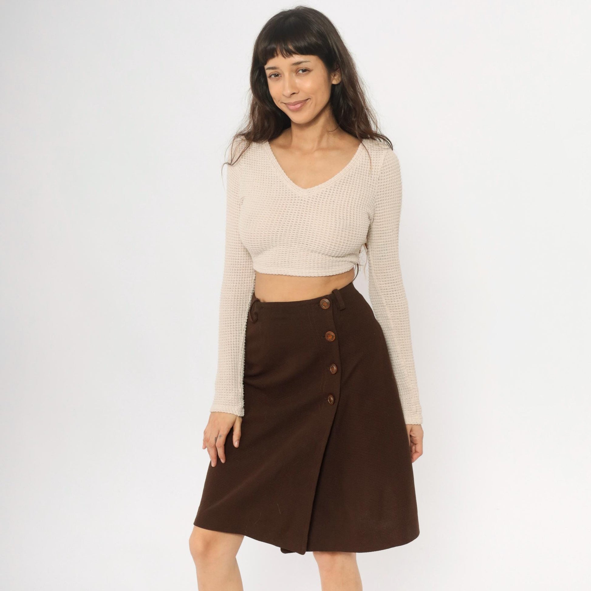 70s Brown Polyester A-Line Skirt Side Button Closure Small S