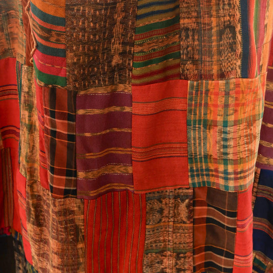 90s Patchwork A-Line Skirt Multicolor Ethnic Striped Cotton Ankle Length Medium