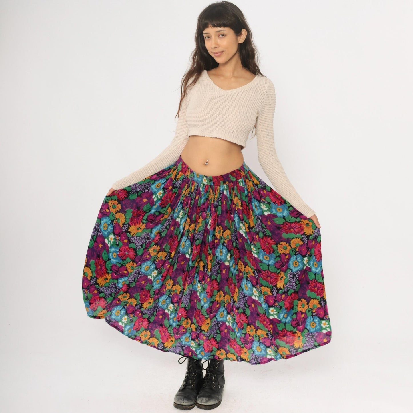 90s Jane Ashley Floral Maxi Skirt Purple Multicolor Gathered Large L