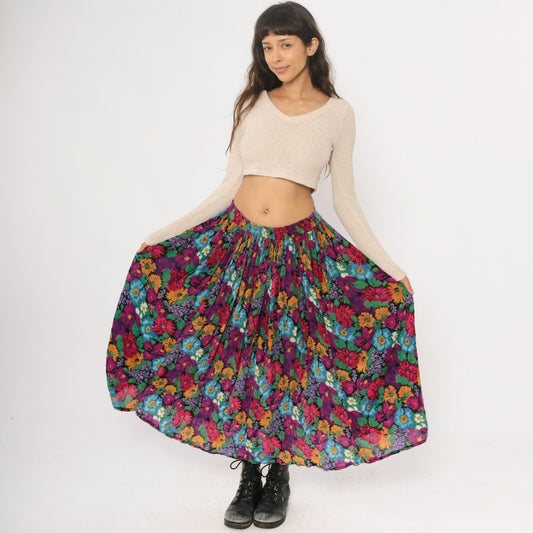 90s Jane Ashley Floral Maxi Skirt Purple Multicolor Gathered Large L