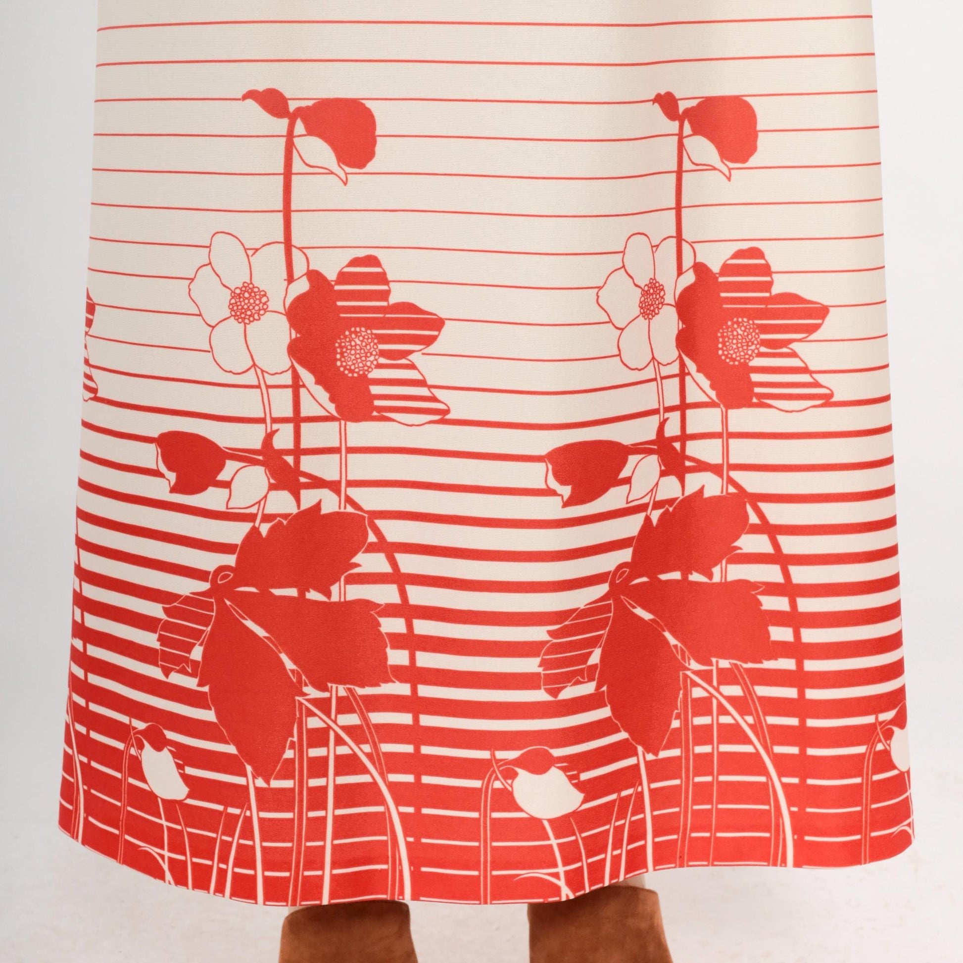 70s Floral Striped Maxi Skirt Red White Cream Elastic Waist A-Line Medium