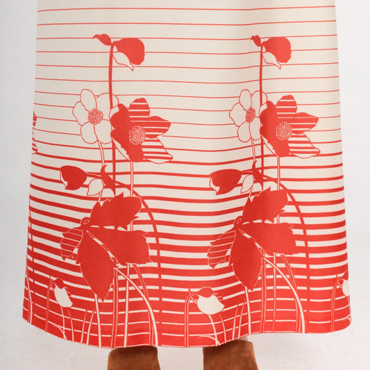 70s Floral Striped Maxi Skirt Red White Cream Elastic Waist A-Line Medium