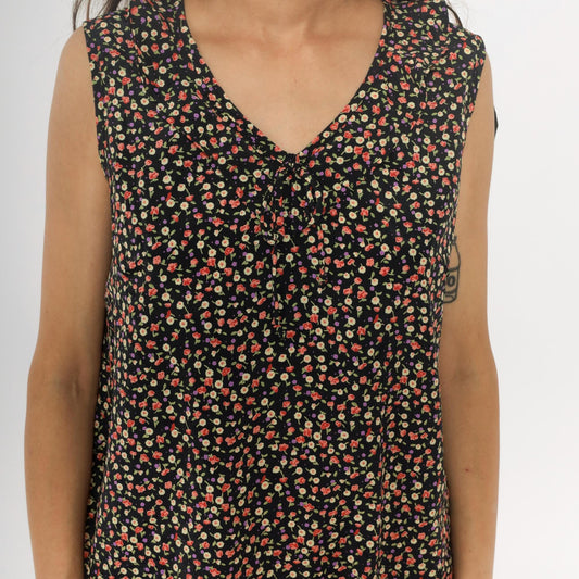 90s Black Ditsy Floral Calico Shift Dress Knee Length Medium M
