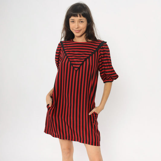 90s Liz Claiborne Striped Shift Dress Red Black Puff Sleeves Medium M