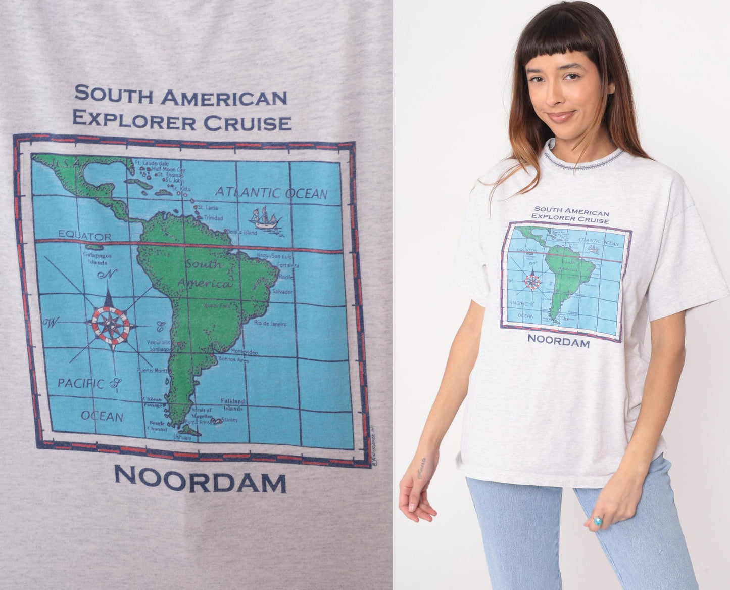 90s South American Explorer Cruise Map Tee White Cotton Large L