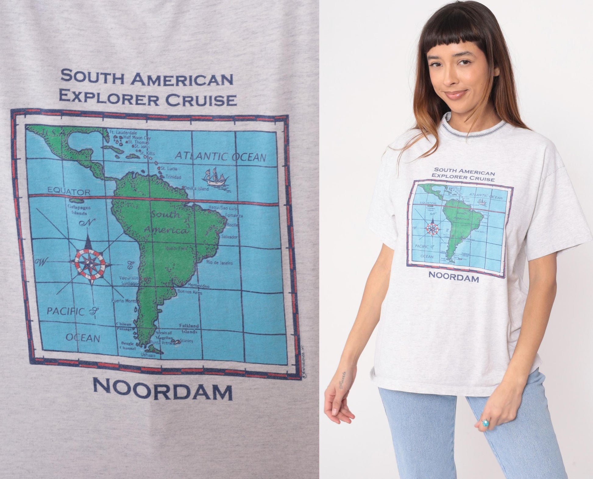 90s South American Explorer Cruise Map Tee White Cotton Large L