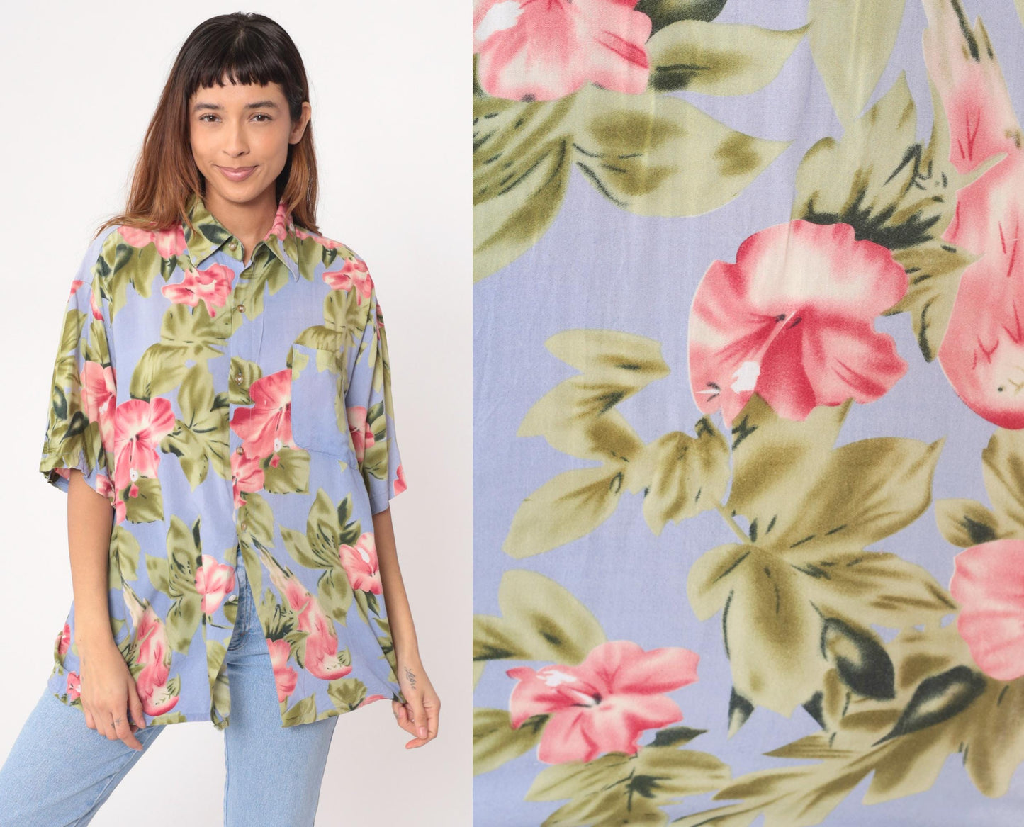 Y2K Floral Hawaiian Shirt Light Blue Pink Tropical Button-Up Large L