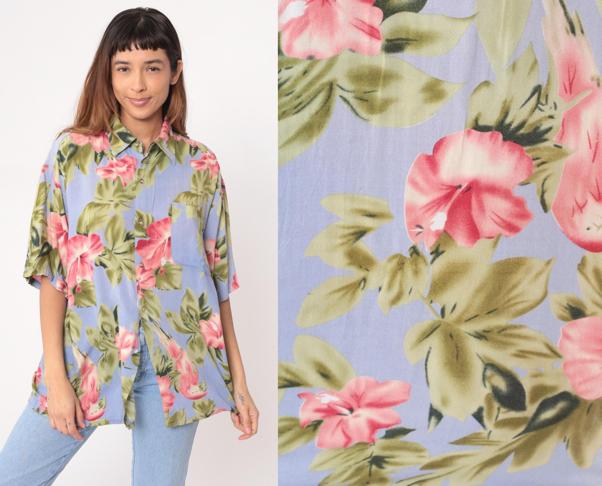 Y2K Floral Hawaiian Shirt Light Blue Pink Tropical Button-Up Large L