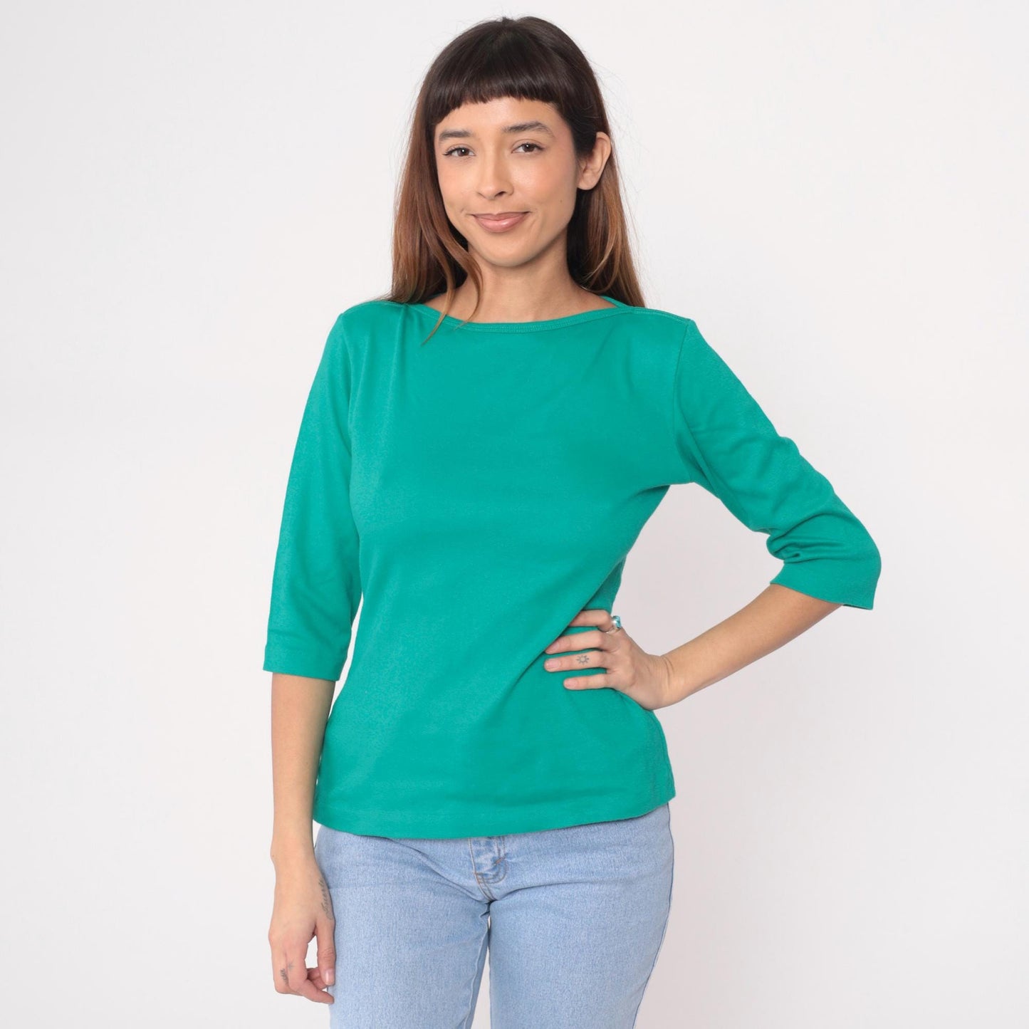 90s LL Bean Teal Boat Neck Cotton Top Three-Quarter Sleeve Medium M
