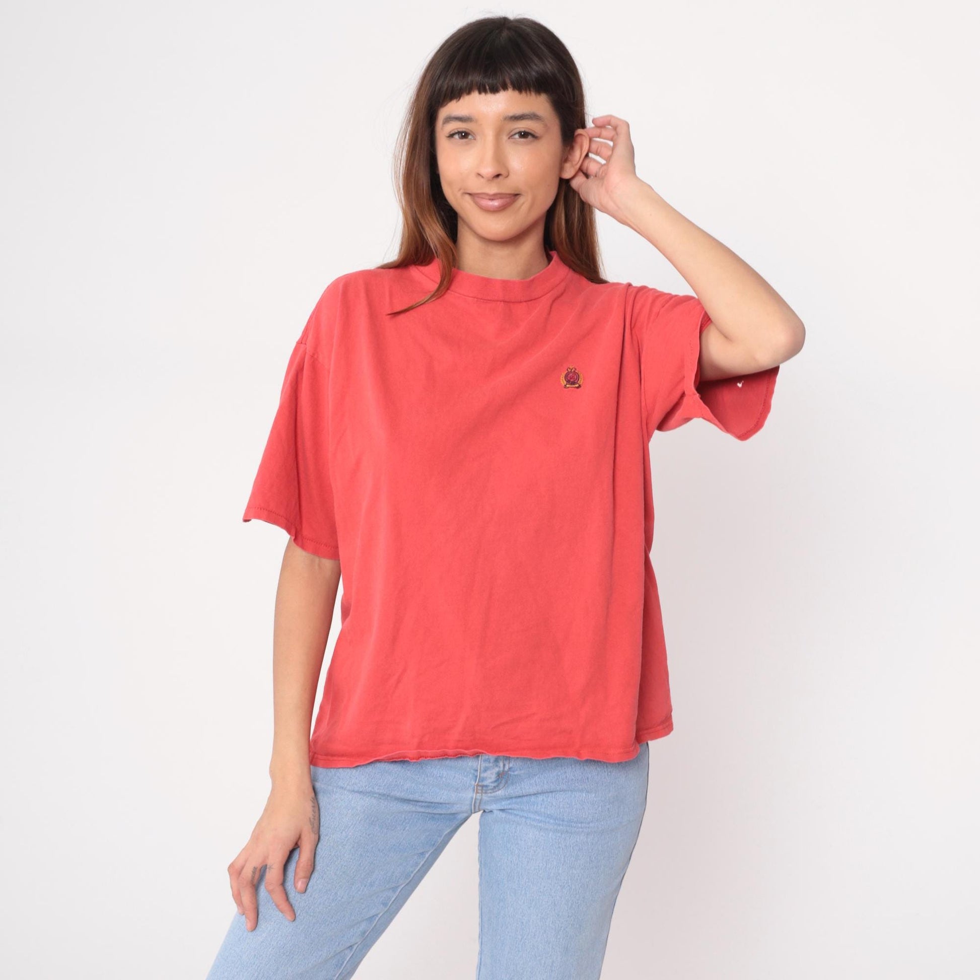 90s Bugle Boy Salmon Cotton T-Shirt Embroidered Crest Logo Large L