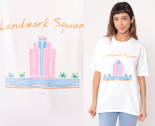 90s Landmark Square Long Beach Graphic Tee White Cotton XL