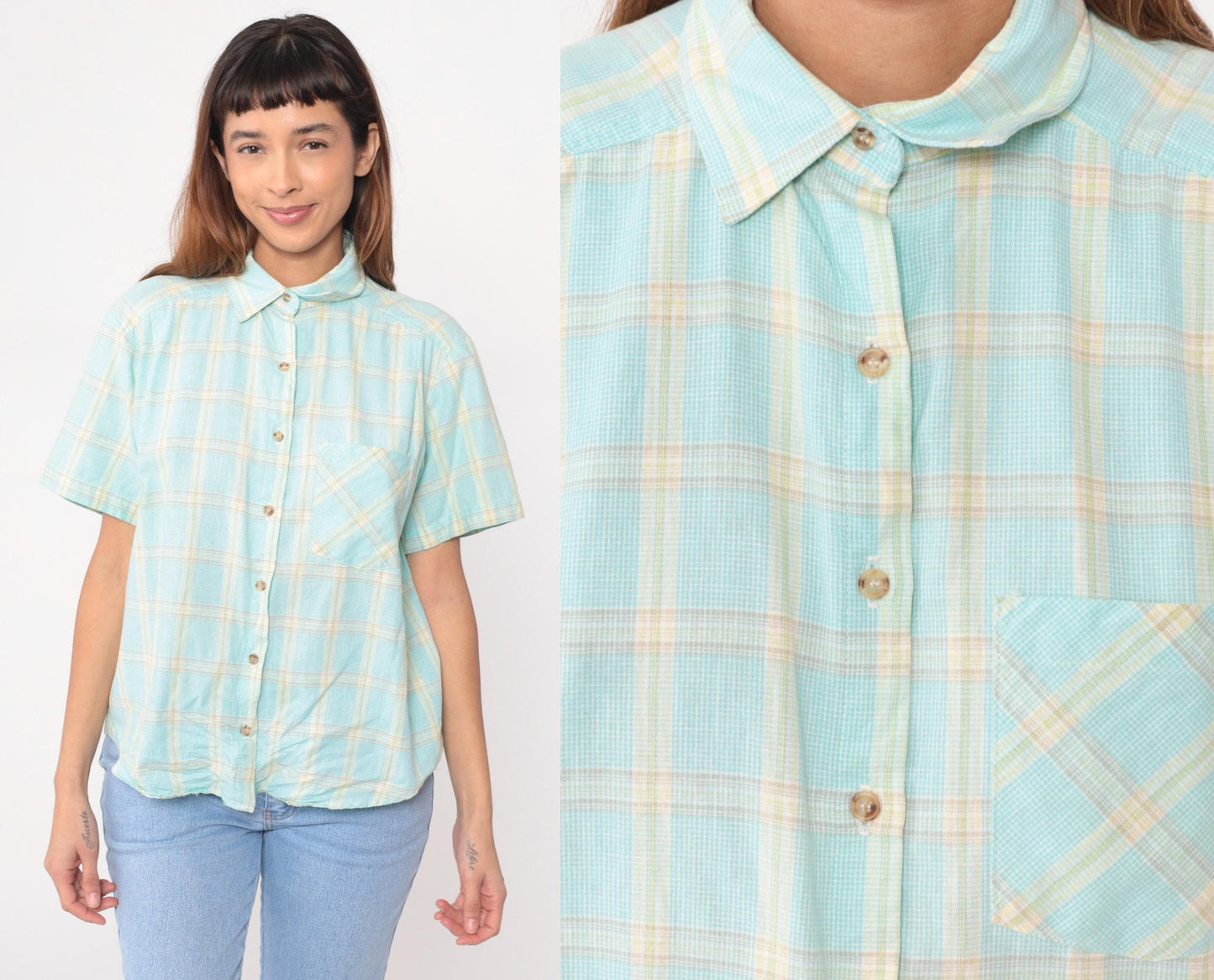 90s Pastel Plaid Cotton Button-Up Shirt Pale Blue Soft Yellow Medium M