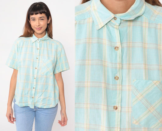 90s Pastel Plaid Cotton Button-Up Shirt Pale Blue Soft Yellow Medium M