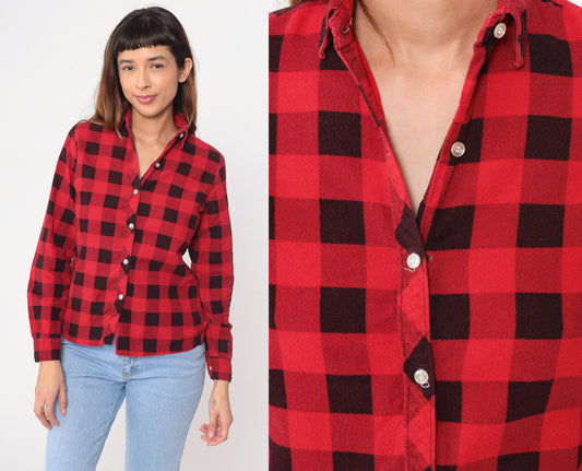 90s Red Buffalo Plaid Flannel Shirt Cotton Button-Up XS