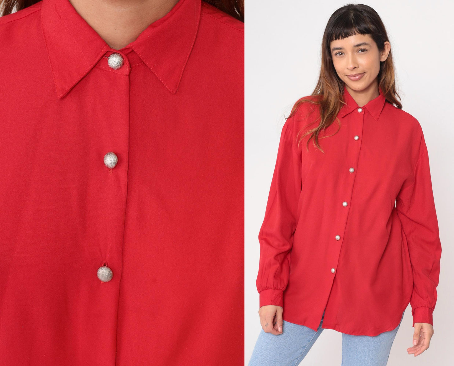 90s Jessica Stevens Coral Red Button-Up Shirt Pearl Snaps Medium M