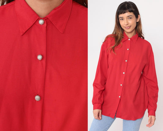90s Jessica Stevens Coral Red Button-Up Shirt Pearl Snaps Medium M