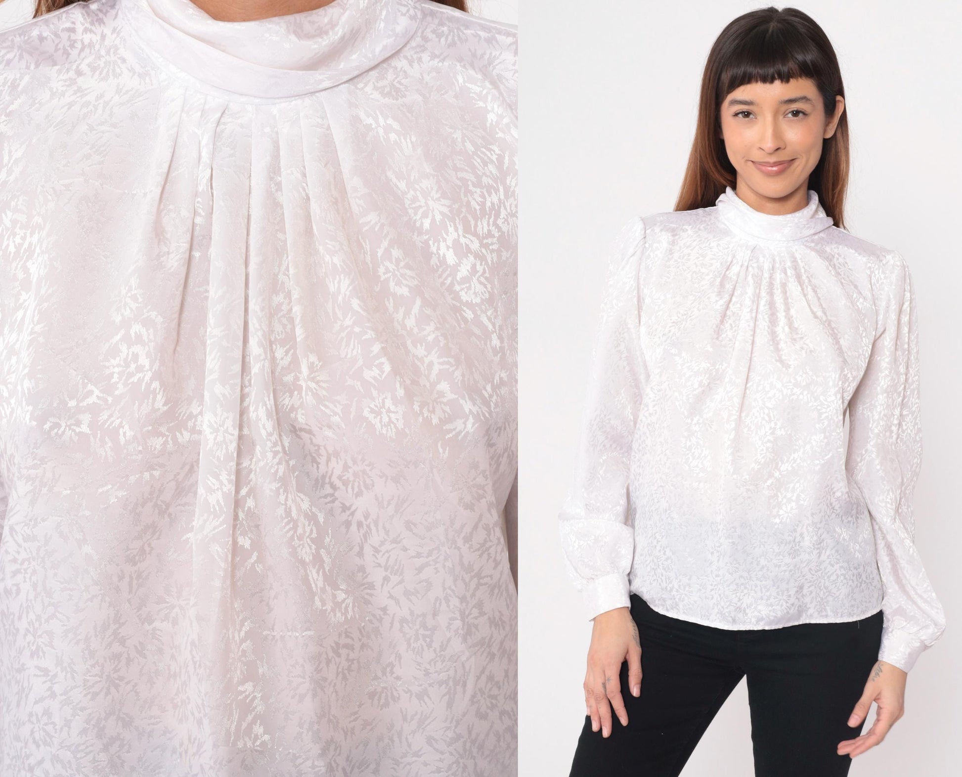 90s White Mock Neck Blouse Keyhole Back Pleated Front Medium M
