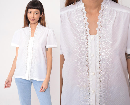 80s White Lace Blouse Scalloped Eyelet Puff Sleeve Textured Diamond Large