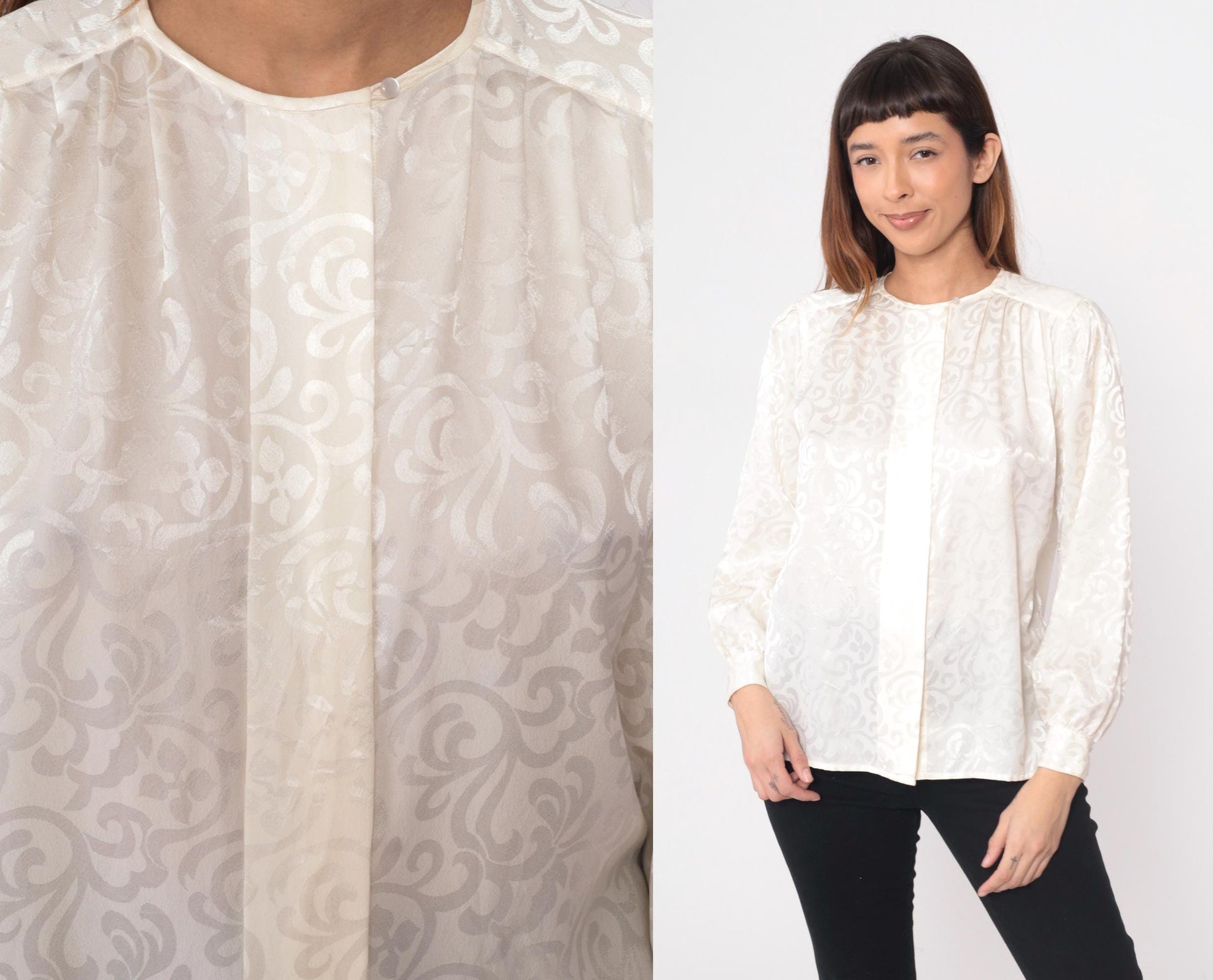 80s Claude Bennet Cream Jacquard Blouse Gathered Shoulders Small
