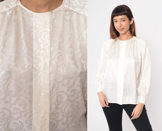 80s Claude Bennet Cream Jacquard Blouse Gathered Shoulders Small
