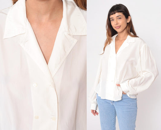 90s Alyssa Cream Button-Front Blouse Notched Collar Long Sleeve Large