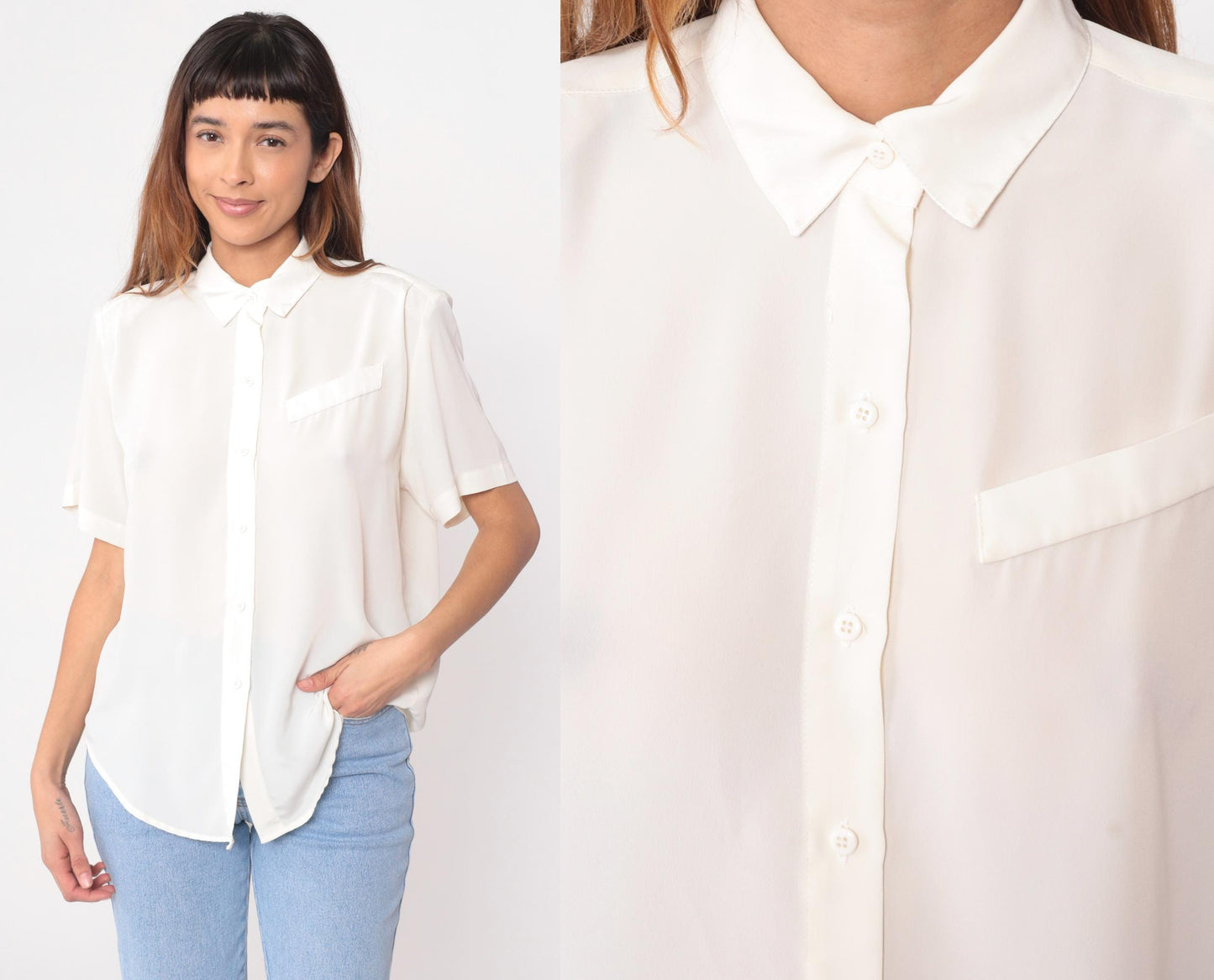 90s Heritage Road White Shirt Short Sleeve Pointed Collar Chest Pocket Medium