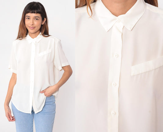 90s Heritage Road White Shirt Short Sleeve Pointed Collar Chest Pocket Medium