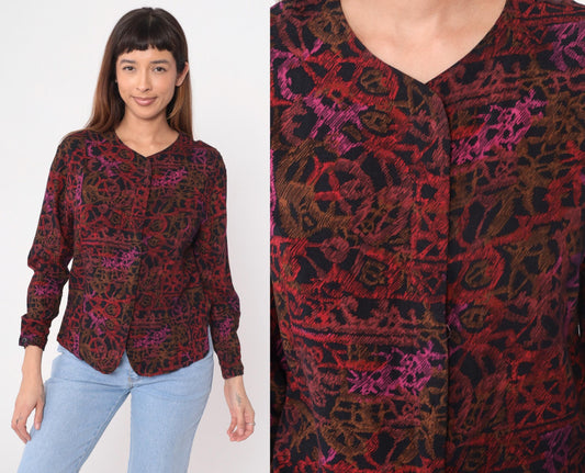 90s Melrose Sport Abstract Geometric Blouse V-Neck Burgundy Small S
