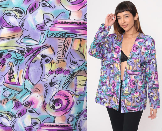 90s Joan Walters Purple Geometric Blazer Open Front Abstract Print Medium