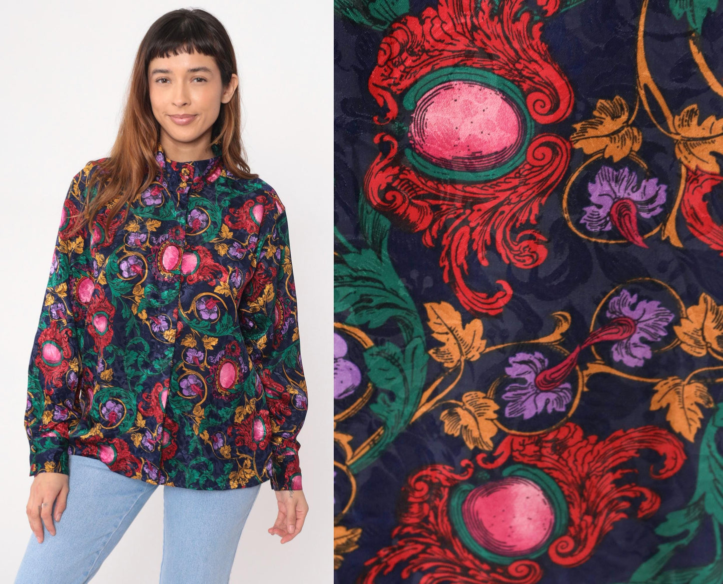 90s Tess Baroque Print Blouse Navy Gold Medallion Long Sleeve Large L