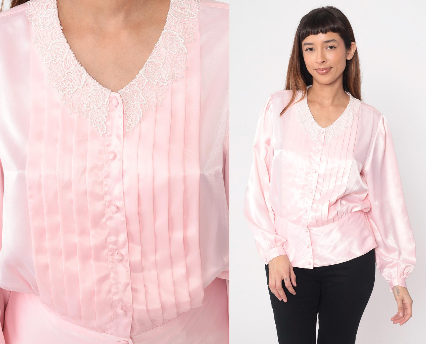 80s Pink Blouse White Lace Collar Pintuck Pleated Button-Up Large L