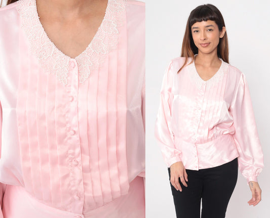 80s Pink Blouse White Lace Collar Pintuck Pleated Button-Up Large L