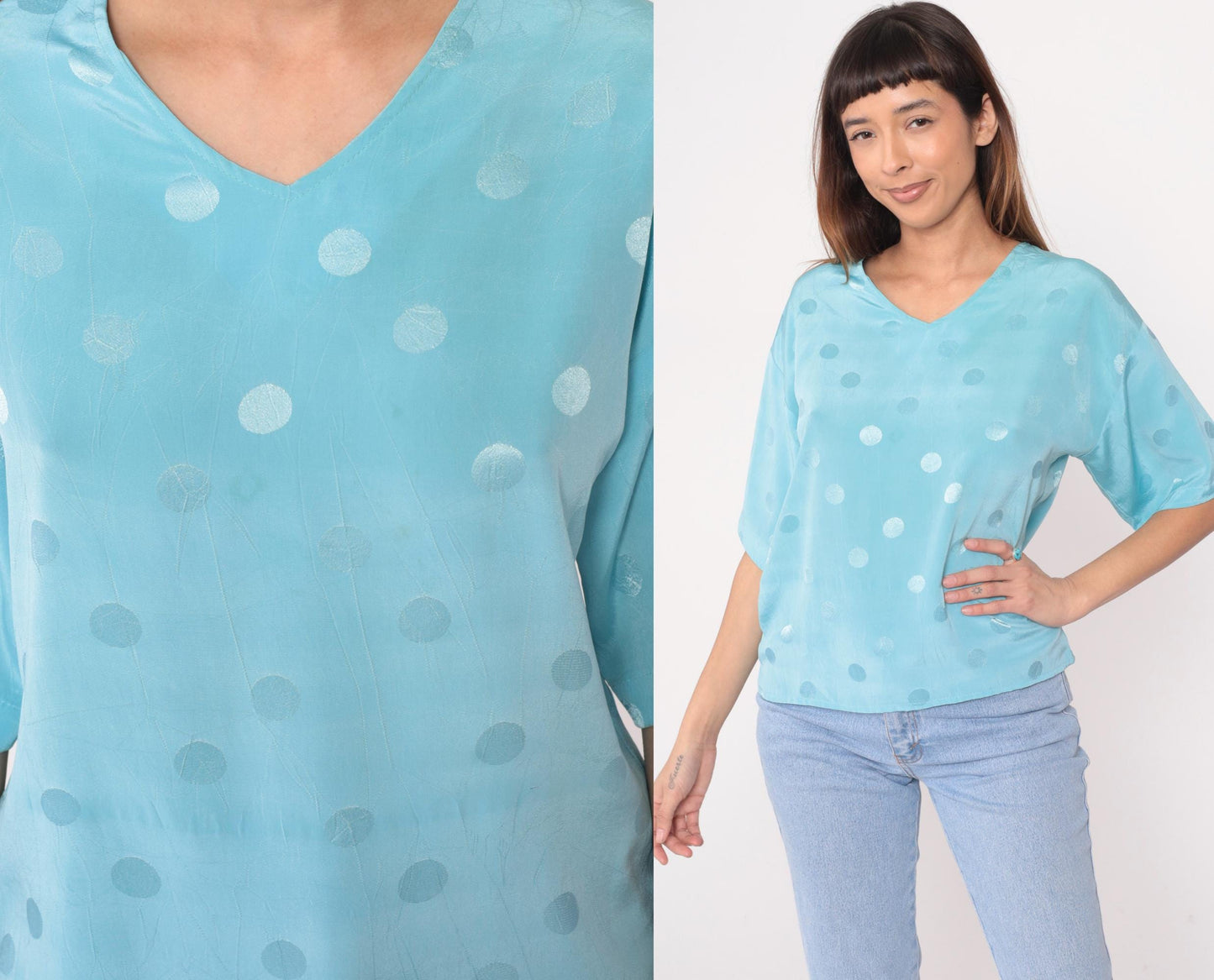 90s Powder Blue Polka Dot V-Neck Blouse Short Sleeve Medium M