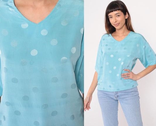 90s Powder Blue Polka Dot V-Neck Blouse Short Sleeve Medium M