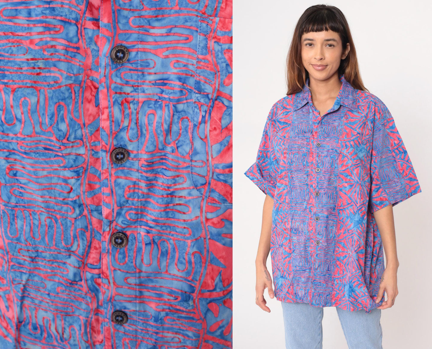 Y2K Johari West Abstract Batik Shirt Cotton Blue Pink Geometric Large L