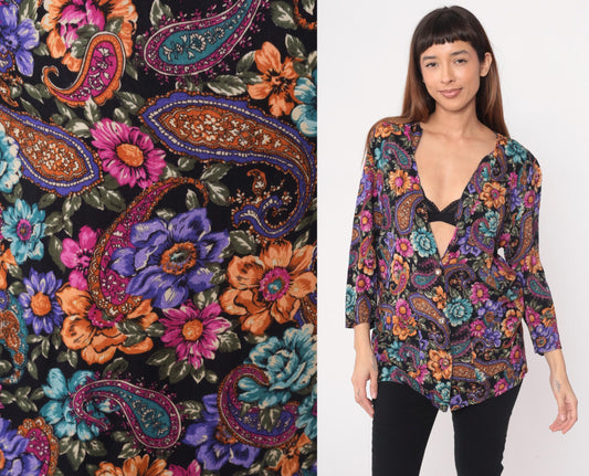 90s Rampage Paisley Floral Tunic Blouse Deep V Neck Rayon Black Purple Medium