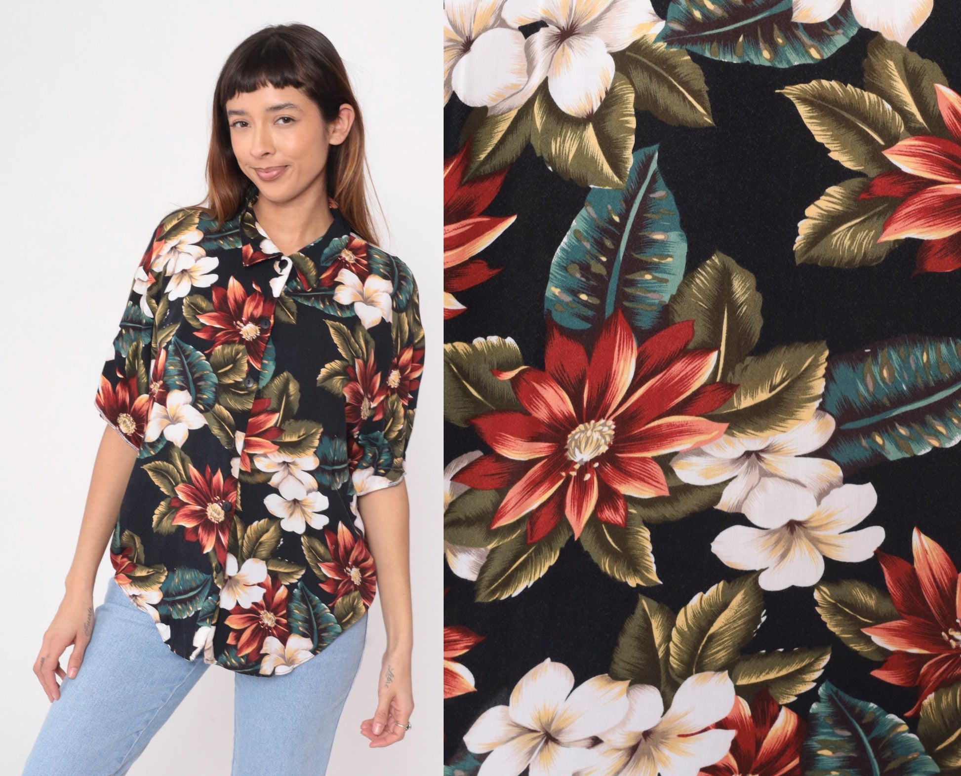 90s Black Hawaiian Shirt Tropical Floral Plumeria Rayon Blouse Medium M
