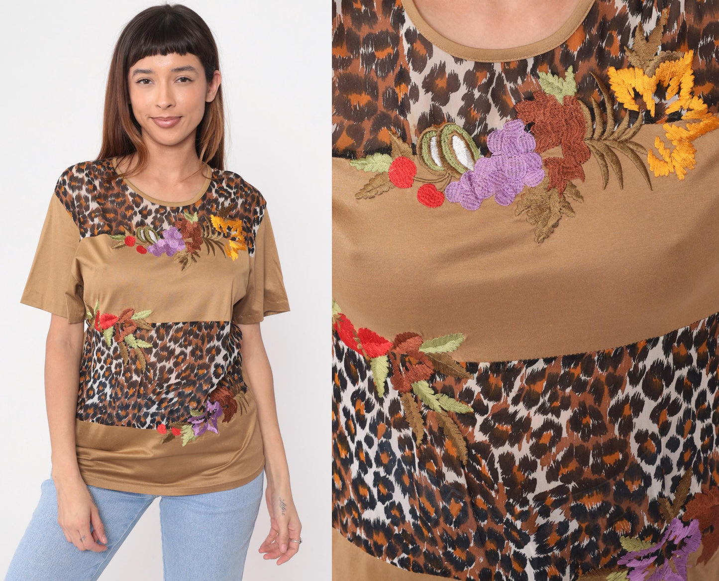 90s Morrissa Leopard Floral Embroidered Color Block Top Tan Large L