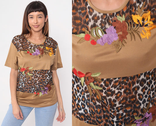90s Morrissa Leopard Floral Embroidered Color Block Top Tan Large L