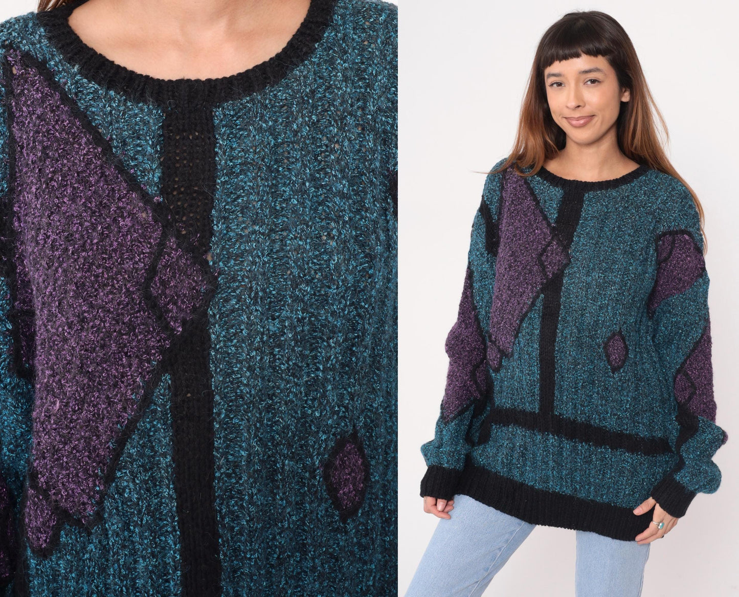 90s Geometric Knit Sweater Teal Purple Black Angular Pattern Crewneck Medium M