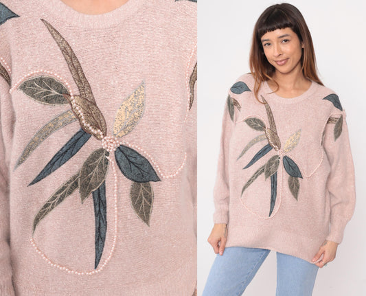 80s Belldini Pink Sweater Leaf Appliqué Beaded Knit Medium M