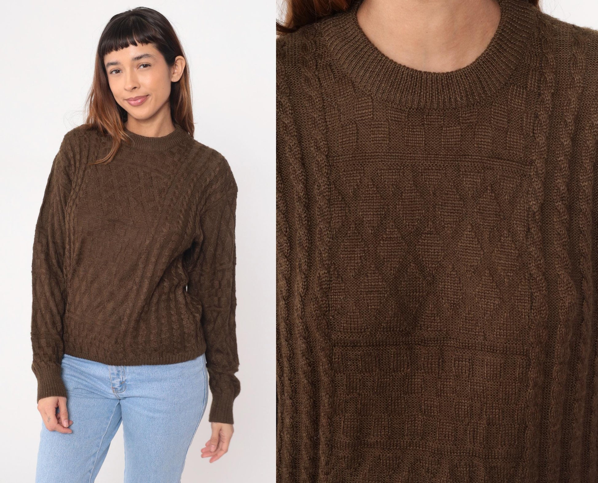 90s Wei Wah Brown Cable Knit Crewneck Pullover Sweater Large L