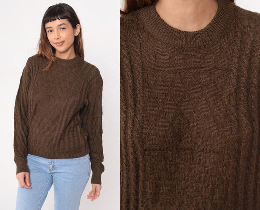 90s Wei Wah Brown Cable Knit Crewneck Pullover Sweater Large L