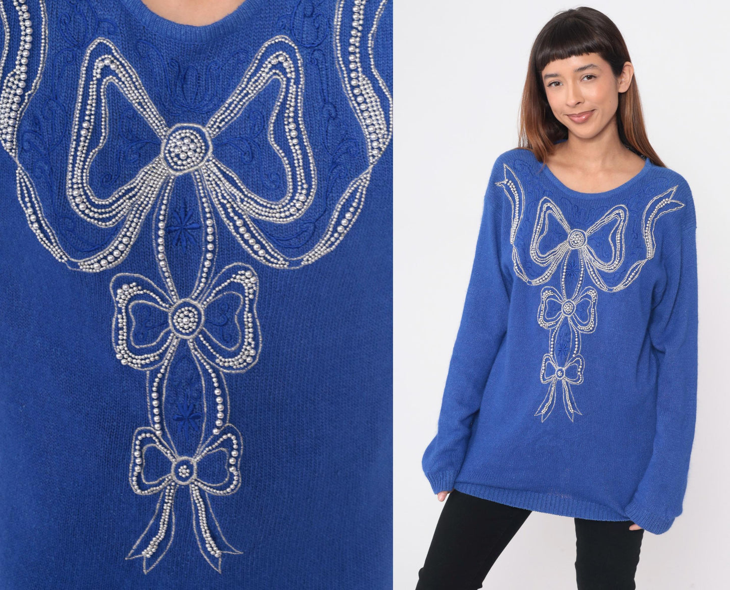 80s Ib Diffusion Periwinkle Blue Sweater Beaded Bow Knit Small